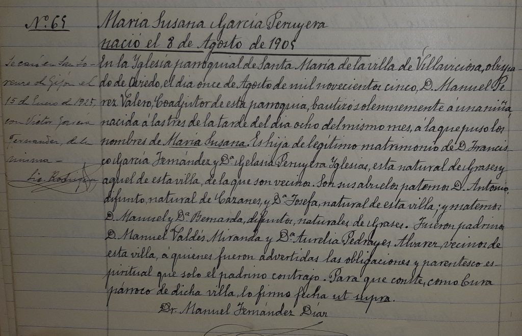 Acta de bautismo de María Susana García Peruyera.