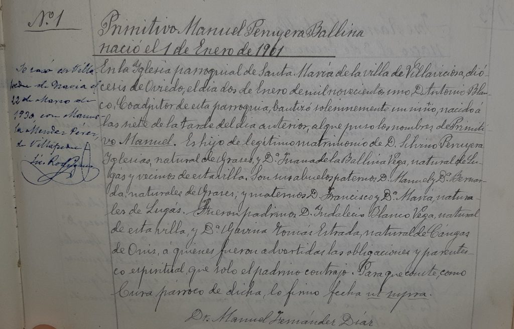 Acta de bautismo de Primitivo Manuel Peruyera Ballina.