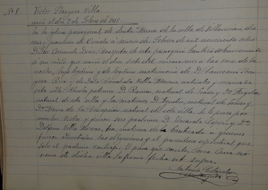 Acta de bautismo de Victor Peruyera Villa.