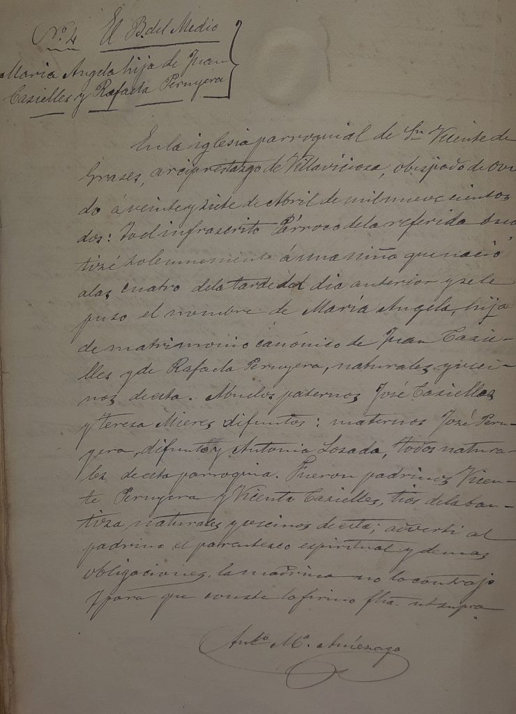 Acta de bautismo de María Ángela Casielles Peruyera.