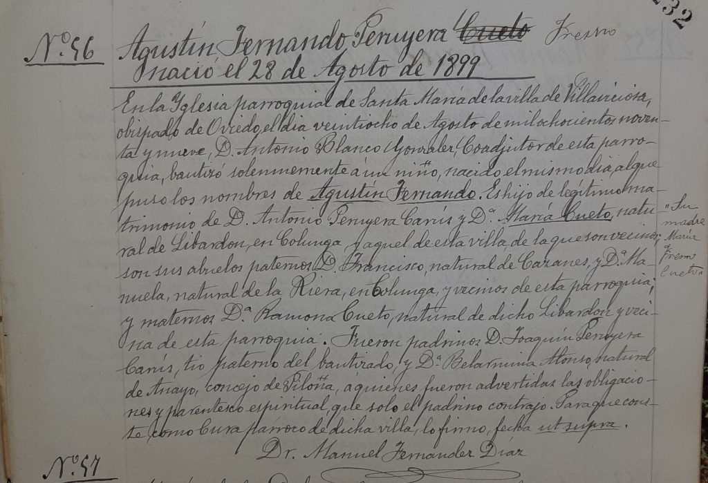 Acta de bautismo de Agustín Fernando Peruyera Fresno. 