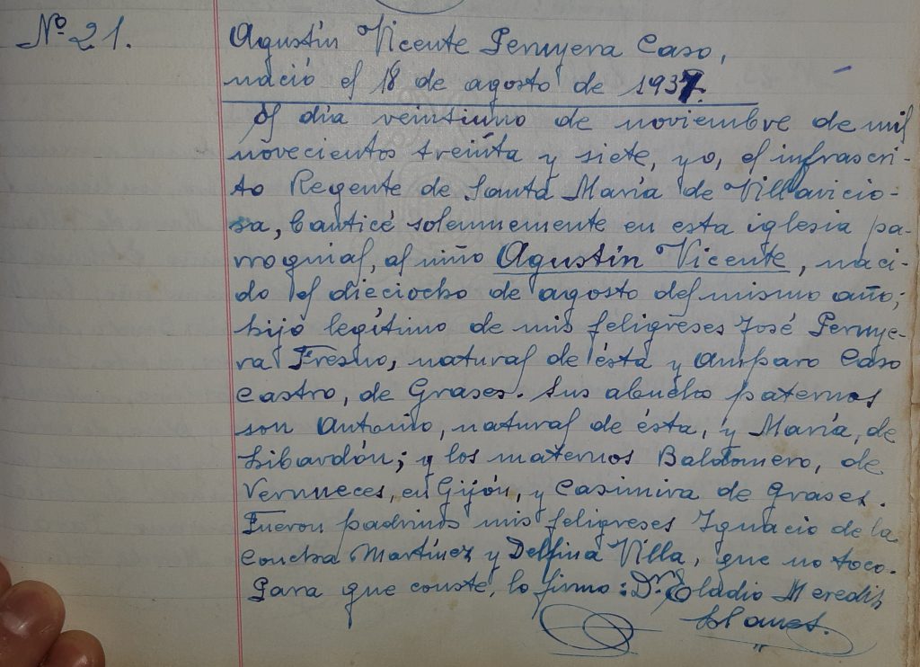 Acta de bautismo de Agustín Vicente Peruyera Caso. 