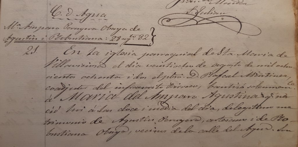 Acta de bautismo de María del Amparo Agustina Peruyera Obaya (primera parte).