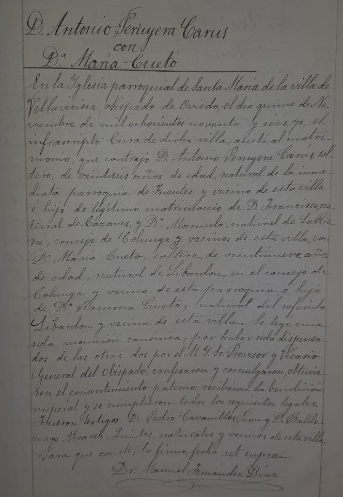 Acta de matrimonio de Antonio Peruyera y María Fresno.