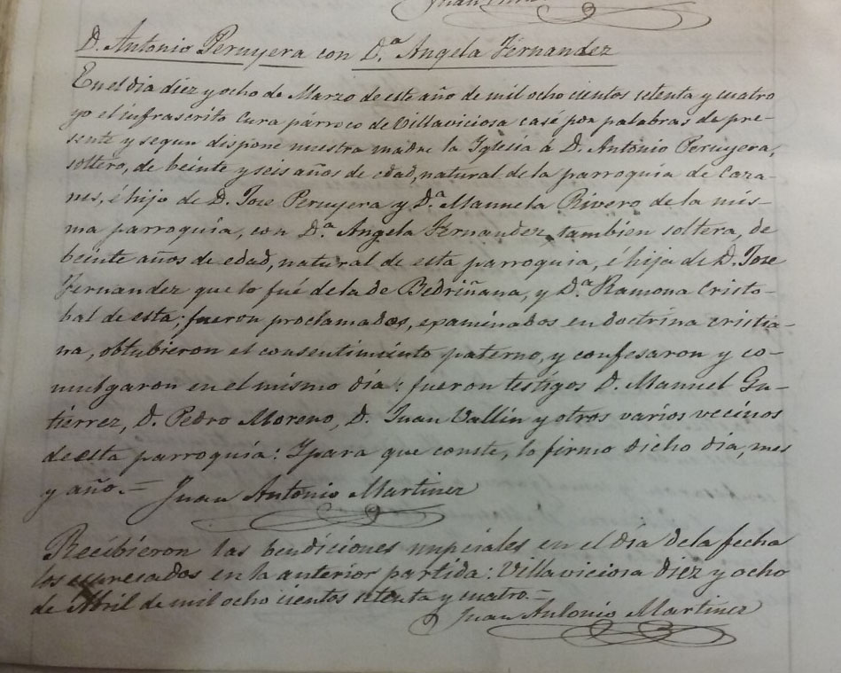 Acta de matrimonio de Antonio Peruyera y Ángela Fernández.