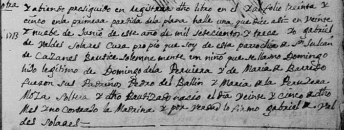 Extracto del acta de bautismo de Domingo Peruyera Barredo, perteneciente a las cartas de ejecutorias de su pleito de hidalguía. 