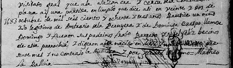 Extracto del acta de bautismo de Domingo de La Peruyera Crespo, perteneciente a las cartas de ejecutorias del pleito de hidalguía de su hijo Domingo Peruyera Barredo. 