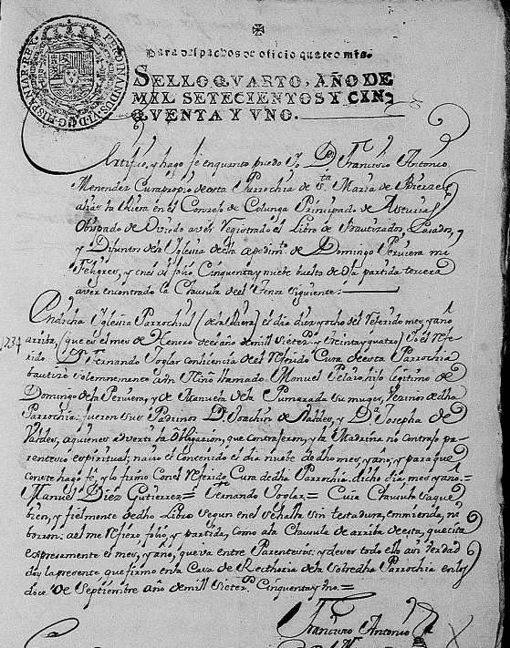 Extracto del acta de bautismo de Manuel Pelayo Peruyera Pumarada, perteneciente a las cartas de ejecutorias del pleito de hidalguía de su padre Domingo Peruyera Barredo.  