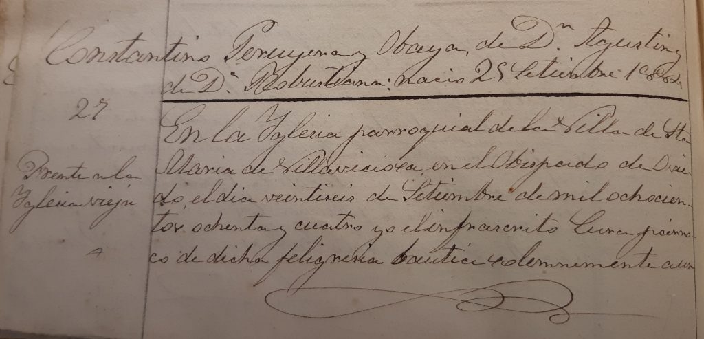 Acta de bautismo de Constantino Peruyera Obaya (primera parte).