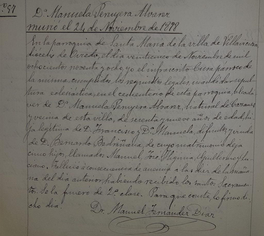 Acta de defunción de Manuela Peruyera.