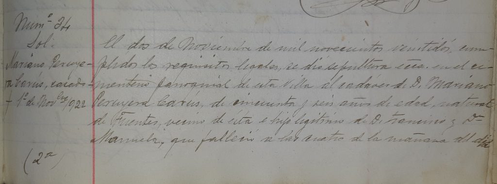 Acta de defunción de Mariano Peruyera Carús (parte dos). 