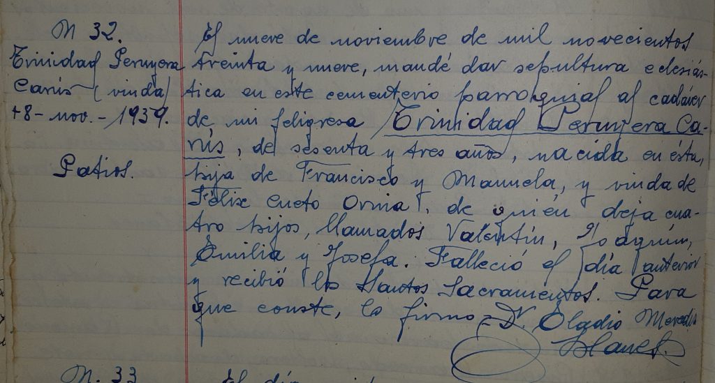 Acta de defunción de María Trinidad Peruyera Carús. 