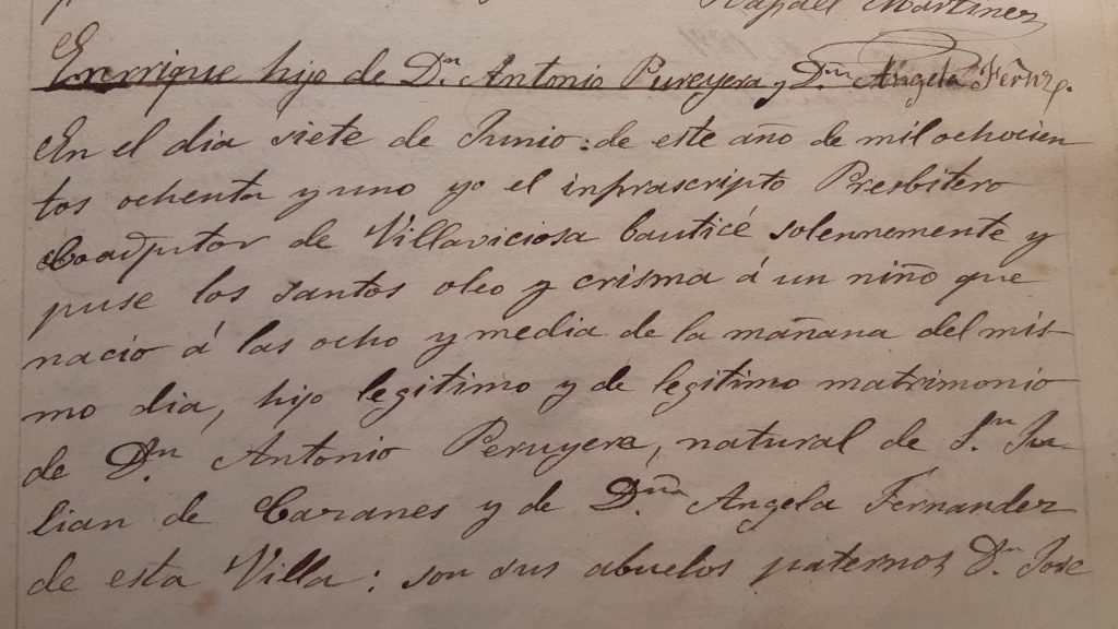 Acta de bautismo de Enrique Peruyera Fernández (primera parte). 