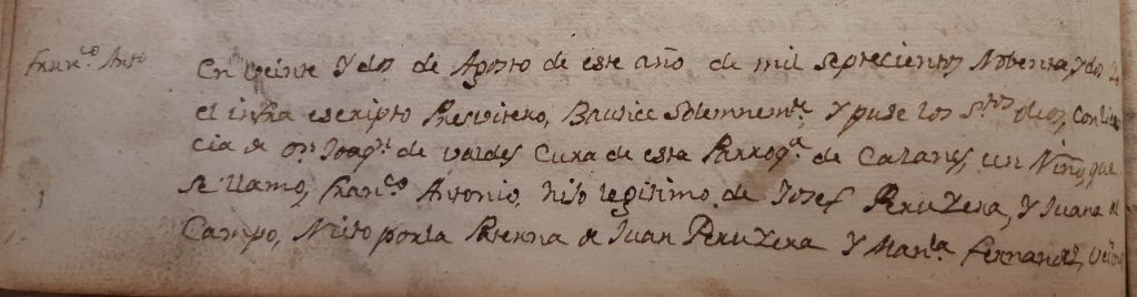 Acta de bautismo de Francisco Antonio Peruyera del Campo (primera parte). 