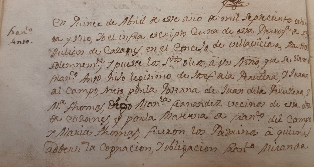 Acta de bautismo de Francisco Antonio Peruyera del Campo (primera parte). 