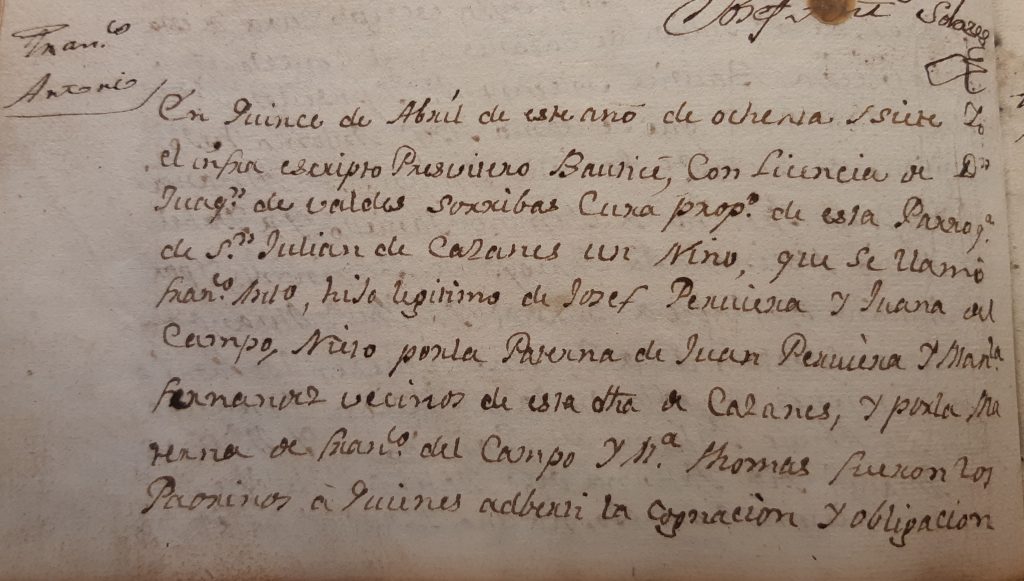 Acta de bautismo de Francisco Antonio Peruyera del Campo (primera parte). 