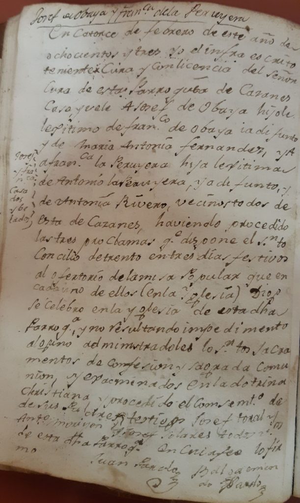 Acta de matrimonio de María Francisca Peruyera y José Obaya. 