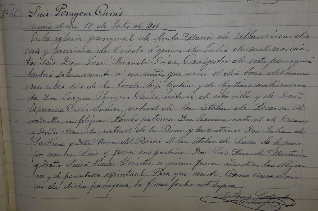 Acta de bautismo de Luis Peruyera Carús.