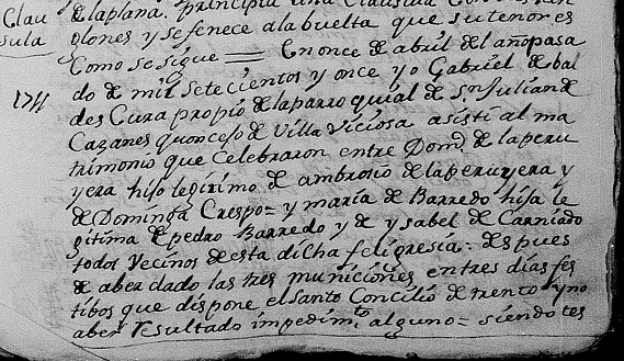 Extracto del acta de matrimonio de Domingo de La Peruyera y María de Barredo, perteneciente a las cartas de ejecutorias del pleito de hidalguía de su  hijo Domingo Peruyera Barredo.