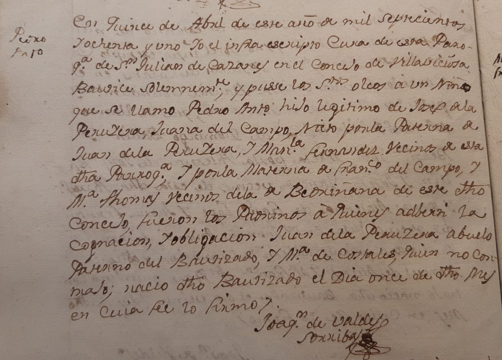 Acta de bautismo de Pedro Antonio Peruyera del Campo. 