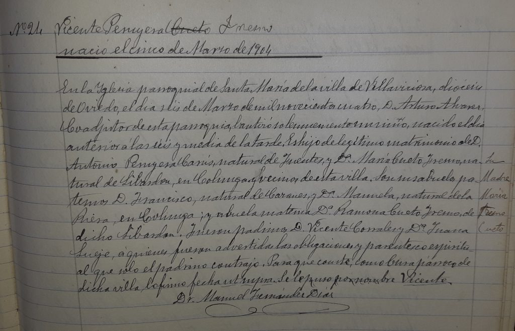 Acta de bautismo de Vicente Peruyera Fresno.