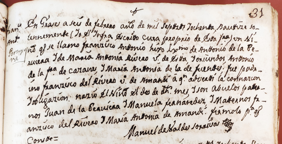 Acta de bautismo de Francisco Antonio Peruyera Rivero. 