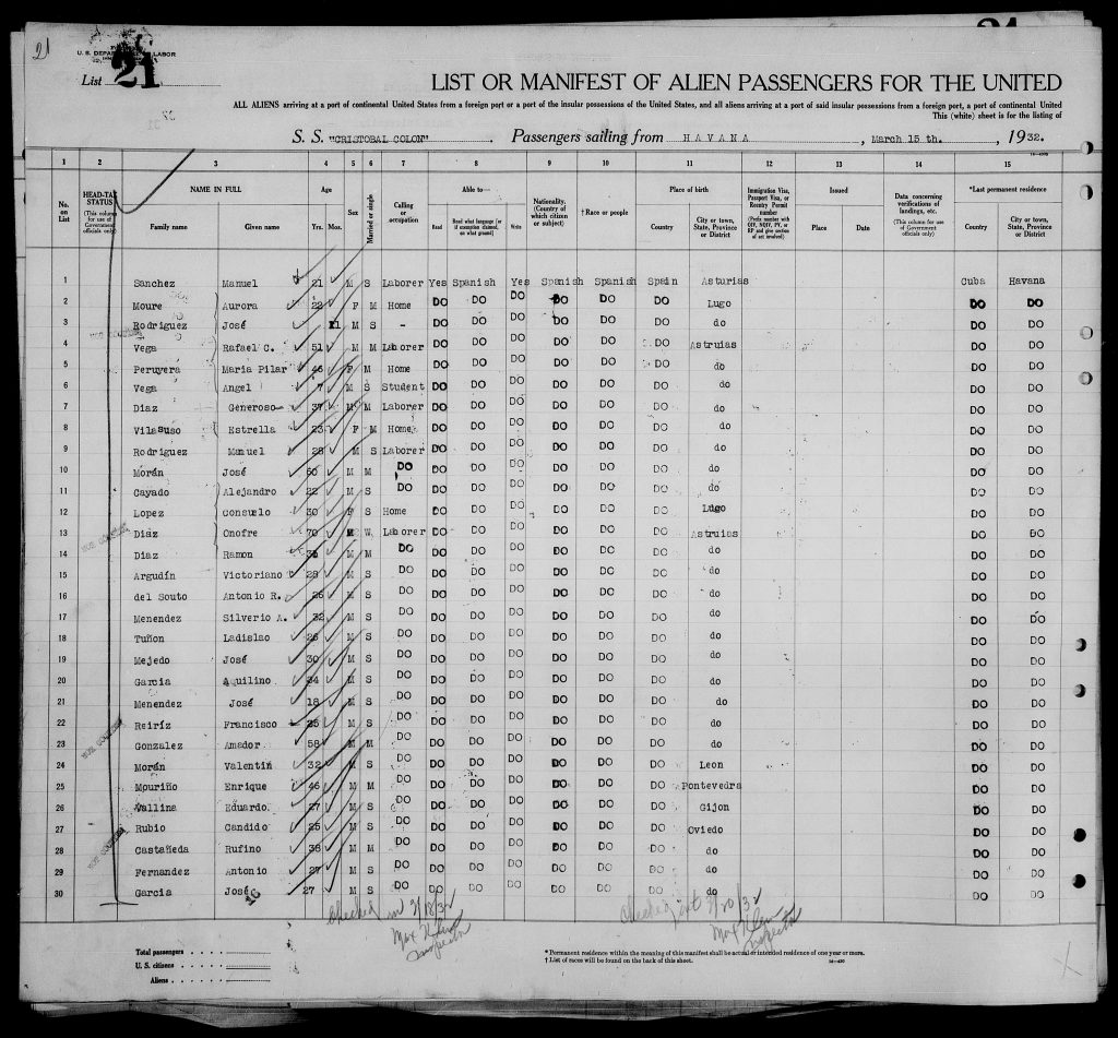 Lista de embarque del buque Cristóbal Colon de La Habana A EEUU.