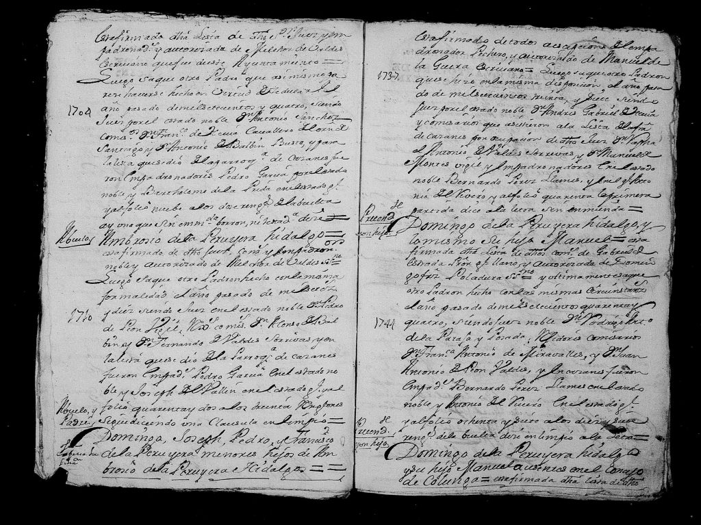 Extracto de los padrones de la parroquia de Cazanes, de algunos años que van del 1709 al 1744, perteneciente a las cartas de ejecutorias del pleito de hidalguía del nieto de Ambrosio, Domingo Peruyera Barredo. 