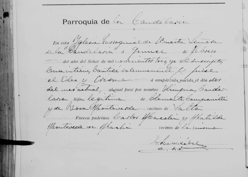 Acta de bautismo de Olimpia Candelaria Campanino Monteverde.