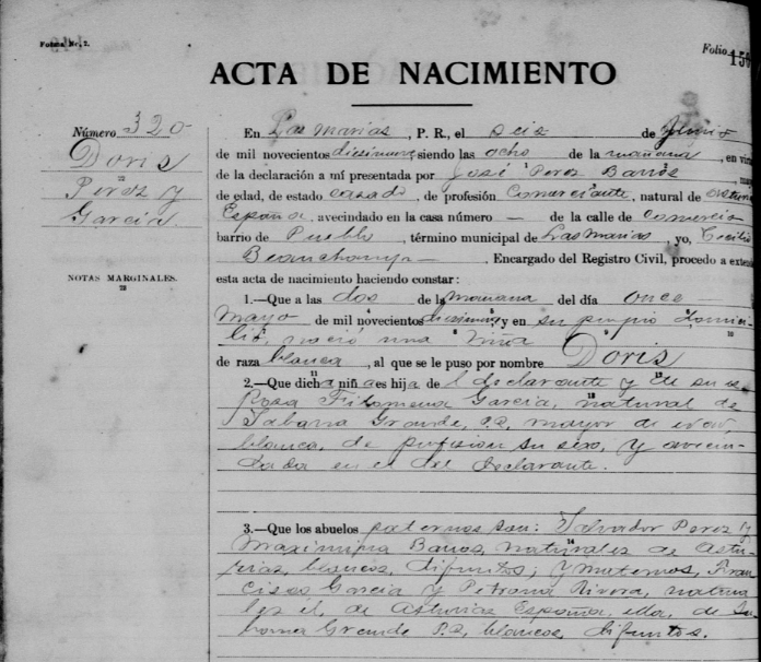 Acta de nacimiento de Doris Pérez García (parte una).