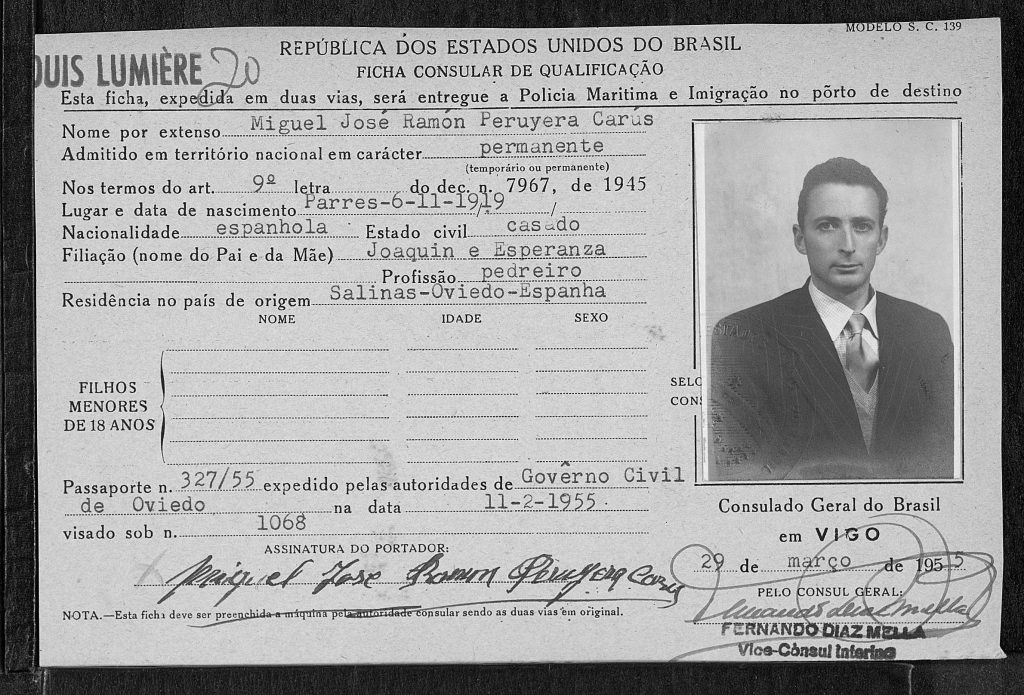 Tarjeta de entrada a Brasil de Miguel José Ramón Peruyera Carús.