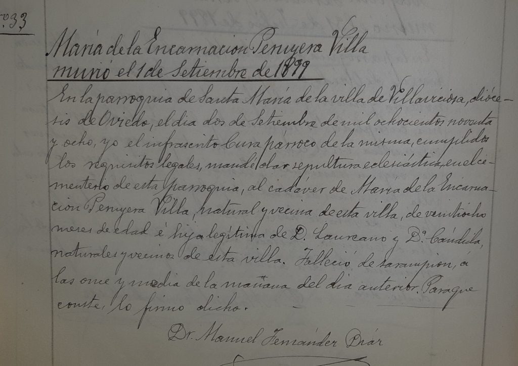 Acta de defunción de María de la Encarnación Peruyera Villa.