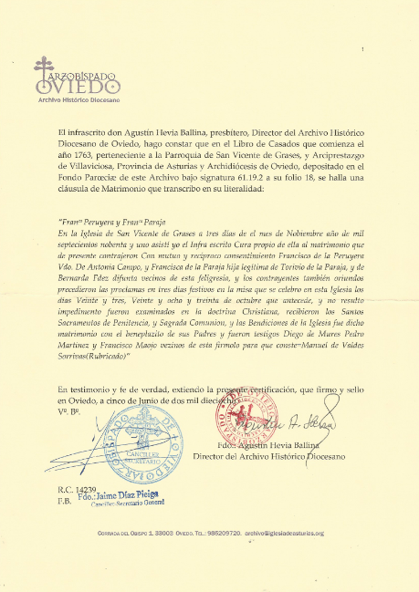 Transcripción del acta de matrimonio de Francisco Antonio Mieres con Francisca de La Paraja Fernández.