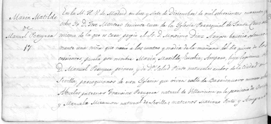 Acta de bautismo de María Matilde Peruyera Pinto (parte una).