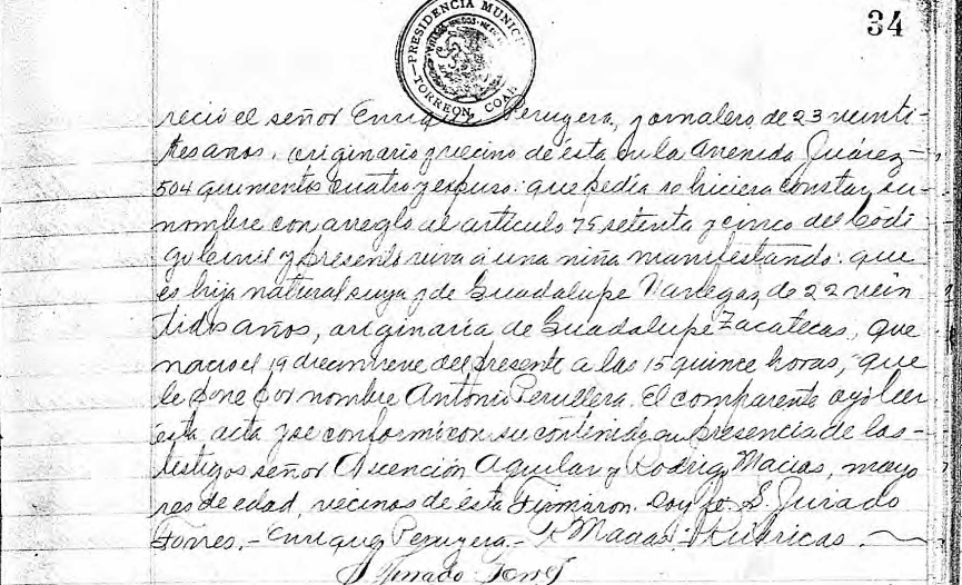 Acta de nacimiento de Antonia Peruyera Vanegas (parte dos).