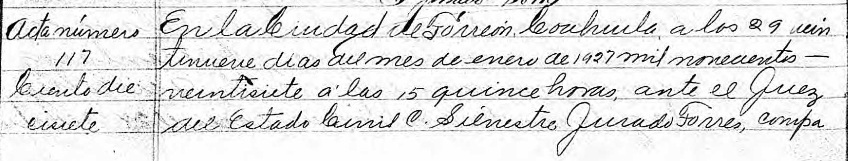 Acta de nacimiento de Antonia Peruyera Vanegas (parte una).