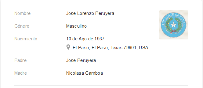 Registro de nacimiento de José Lorenzo Peruyera Gamboa.