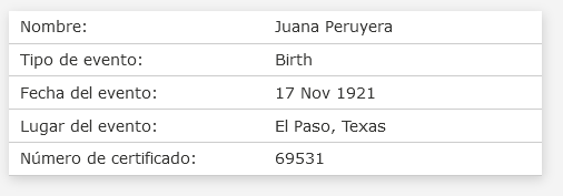 Referencia al nacimiento de Juana Peruyera Rodríguez.