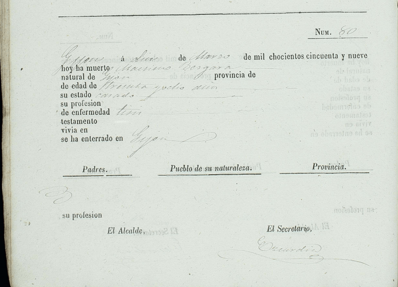 Certificado de defunción en Gijón de Maximino Bergara Muñiz.