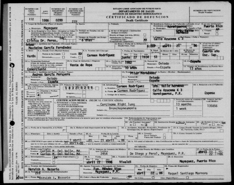 Certificado de defunción de Urbano García Fernández (parte una).