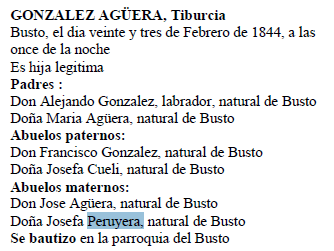 Extracto del acta de nacimiento de Tiburcia González Aguera.