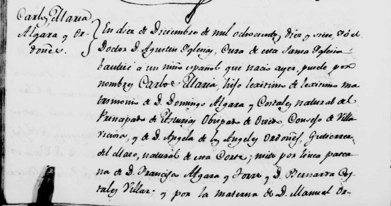 Partida de bautismo de Carlos María Algara Ordoñez (parte una).