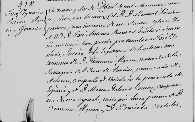 Partida de bautismo de José Ignacio Sotero Algara Gómez (parte una).