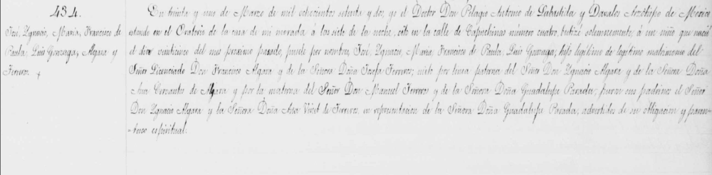 Acta de nacimiento de José Ignacio Algara y Romero de Terreros.