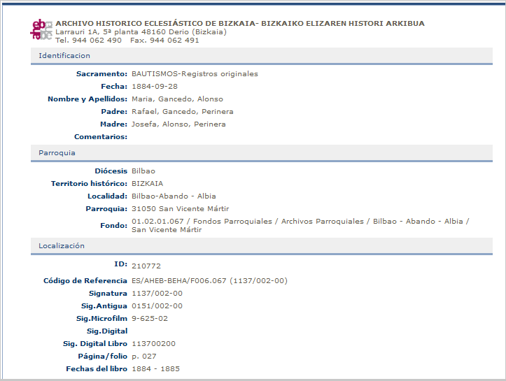 Ficha parroquial del bautismo de María Gancedo Alonso.