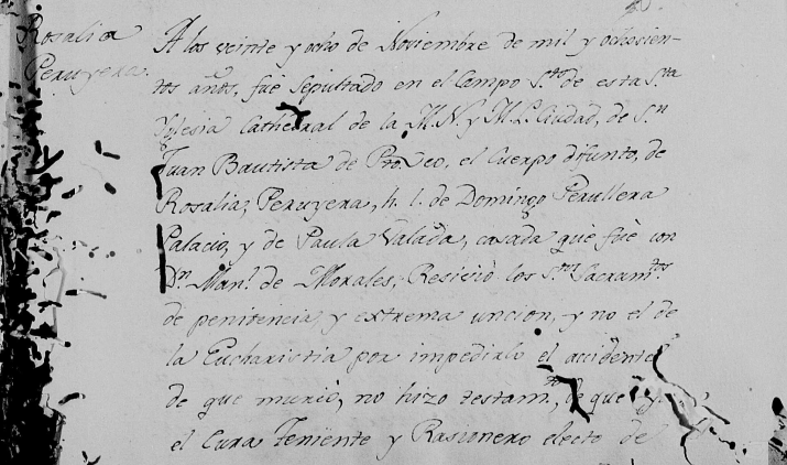Partida de defunción de Rosalía de La Peruyera (parte una).