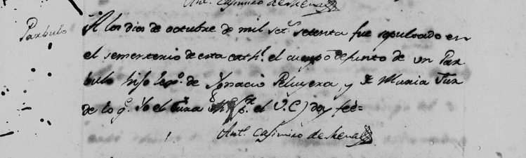 Partida de defunción de un hijo de Ignacio Peruyera Balada.