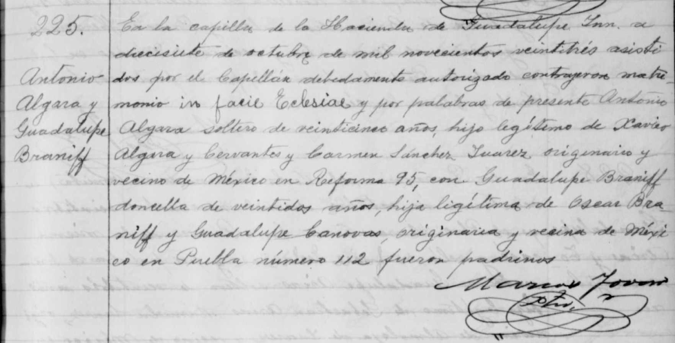 Partida de matrimonio de Antonio Algara y Sánchez con Guadalupe Braníff Canovas.