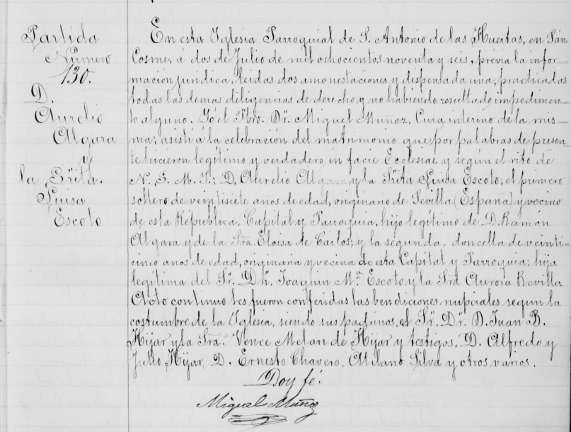 Partida de matrimonio de Aurelio Algara de Cárlos con Luisa Escoto Revilla.