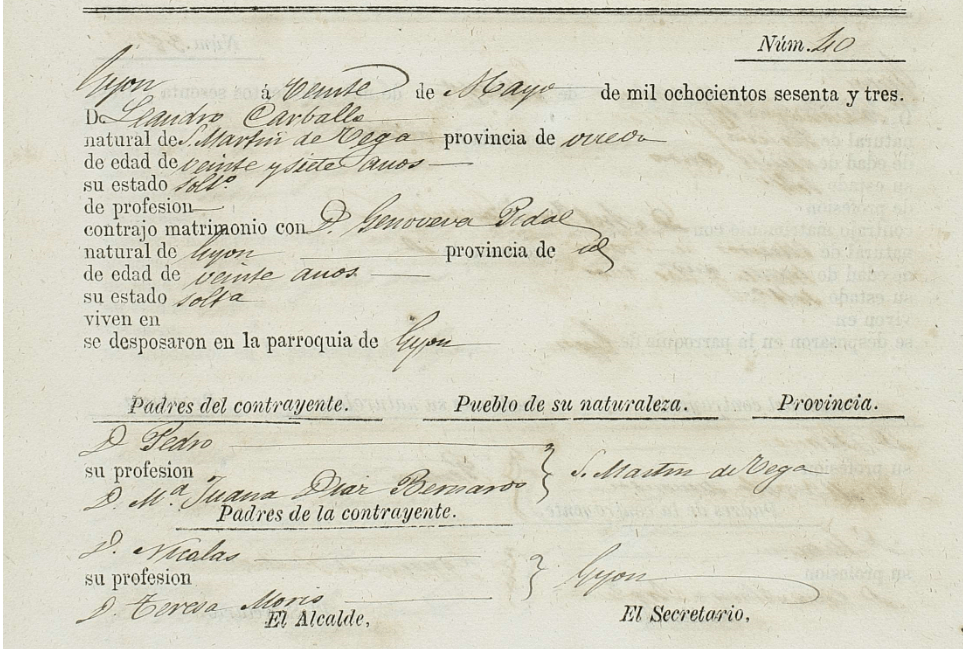 Acta de matrimonio de Genoveva Pidal con Leandro Carvallo Díaz.